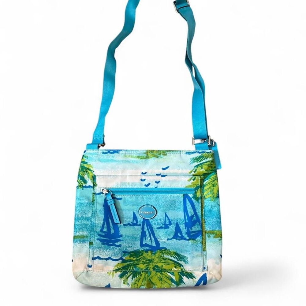 Coach F80322 Tropical Sailboat Palm Tree Print Nylon Crossbody Travel Bag